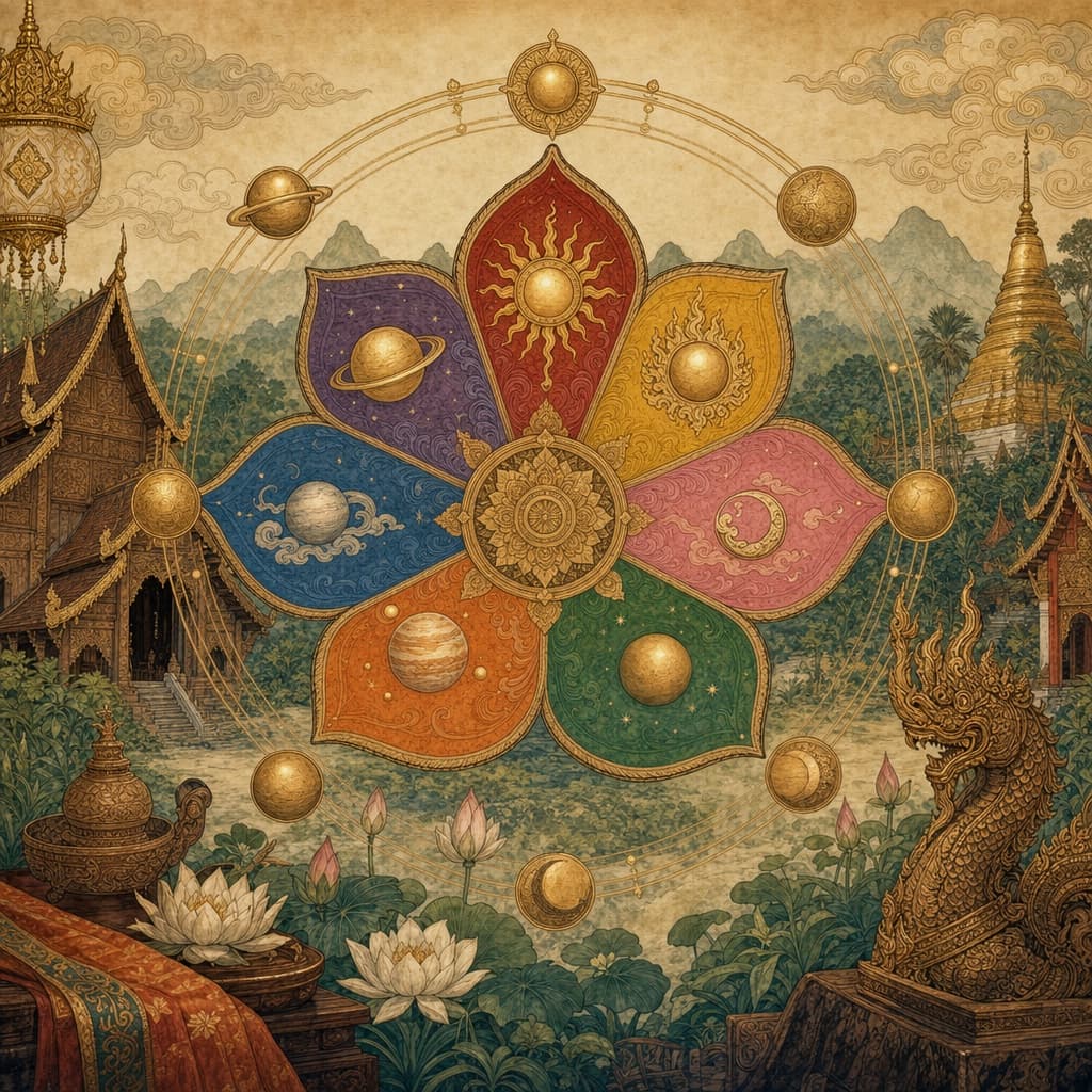 Lanna-style illustration of a seven-petalled lotus, each petal a different day-colour — red, yellow, pink, green, orange, blue and purple — ringed by gentle gold planetary symbols