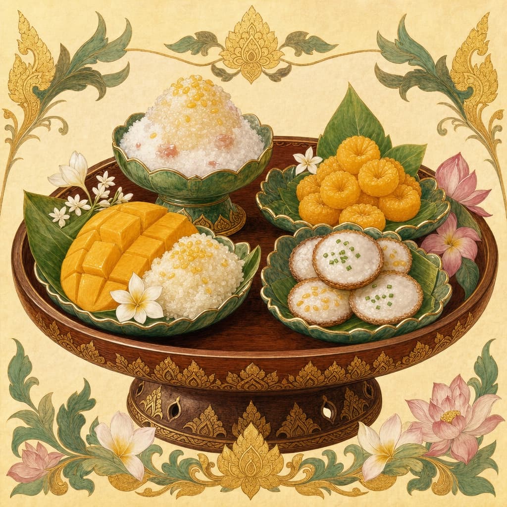 Lanna-style illustration of an assortment of Thai khanom — mango sticky rice, coconut griddle cakes, golden egg-yolk sweets and a bowl of shaved ice — on a teak tray