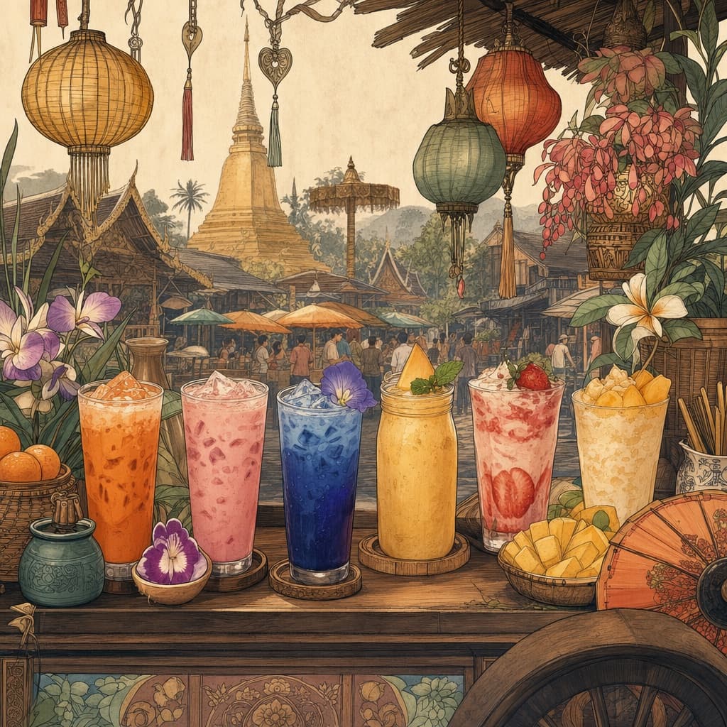 A warm Lanna-style illustration of a colourful spread of Thai iced drinks — orange cha yen, pink milk, blue butterfly-pea tea, fruit shakes — at a market cart in Chiang Mai.