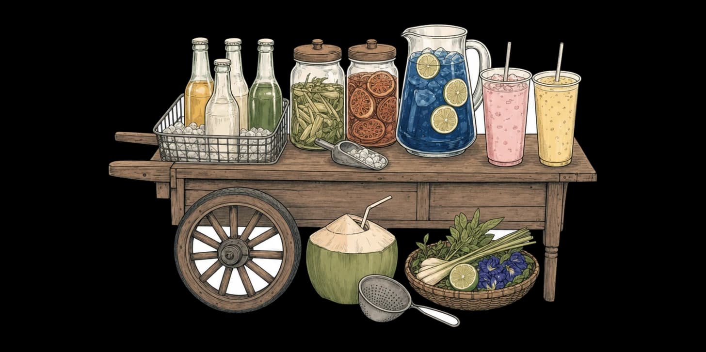 A Lanna-style illustration of Thai fruit shakes and herbal market drinks in Chiang Mai