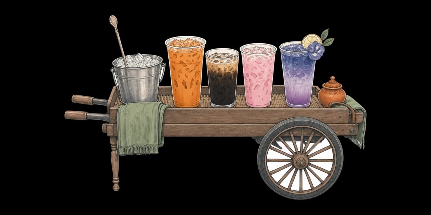 A Lanna-style illustration of colourful Thai iced drinks, cha yen, pink milk and butterfly-pea tea, on a market cart