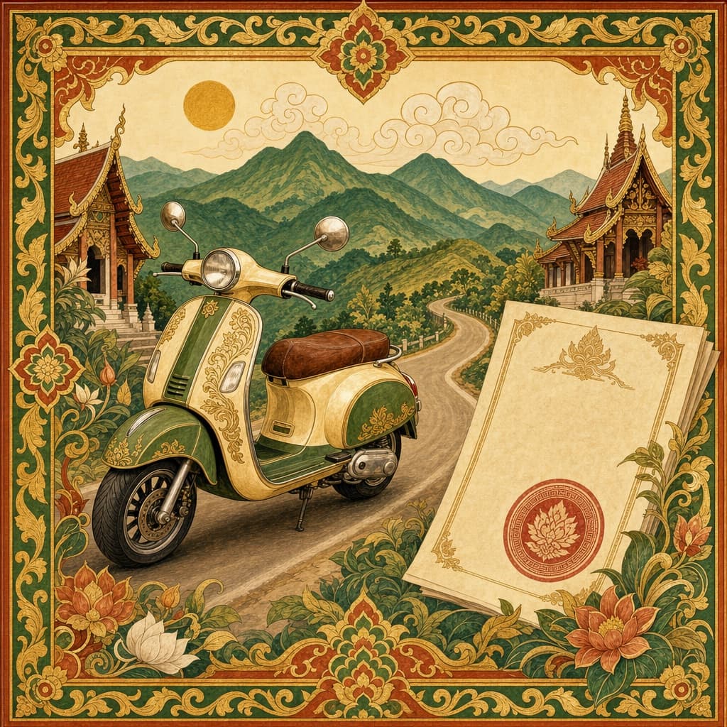 Lanna-style illustration of a scooter on a winding northern road beside an official document stamped with a seal, green mountains behind
