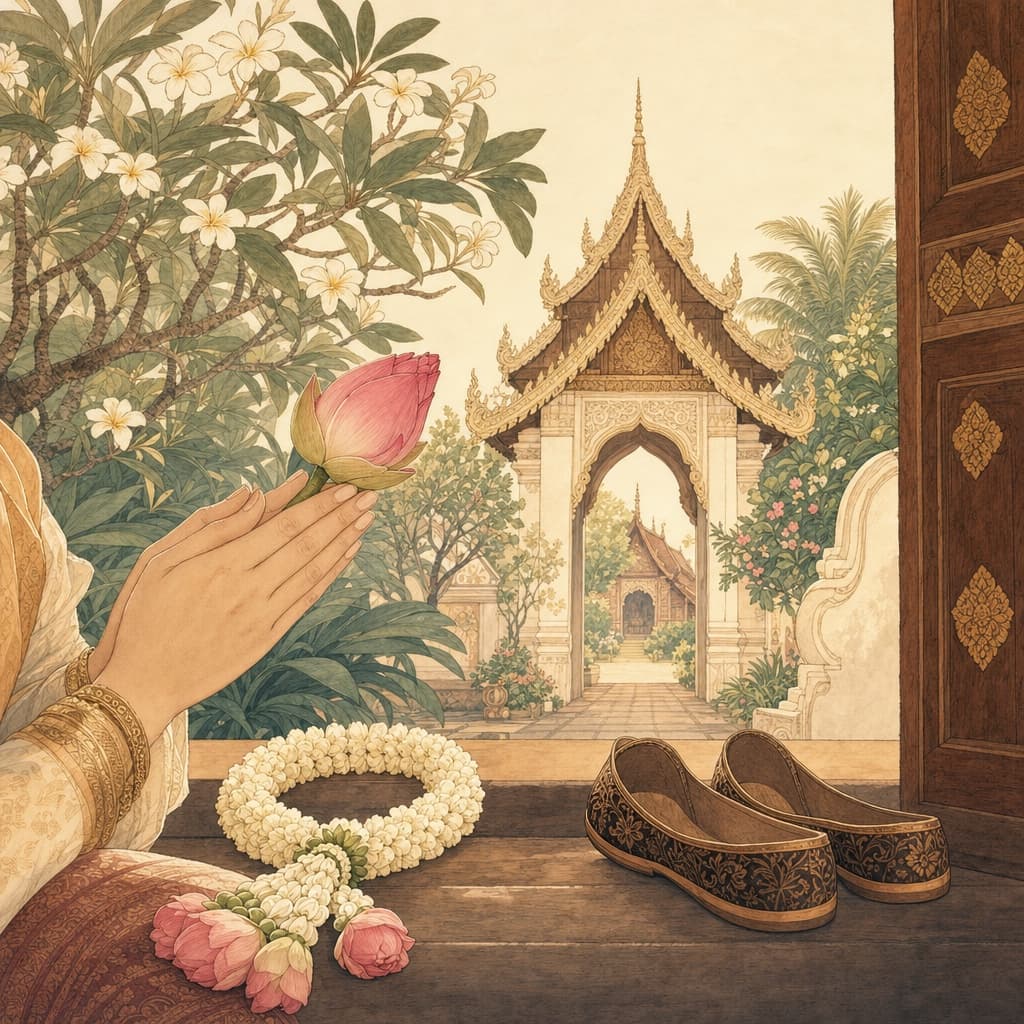 Lanna-style illustration of hands pressed together in a wai greeting holding a lotus, beside shoes removed at a temple threshold