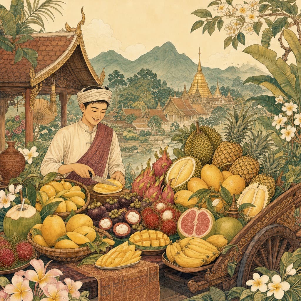 Lanna-style illustration of an abundant Chiang Mai fruit cart with mango, mangosteen, rambutan, dragon fruit, durian and a young coconut, vendor slicing fruit