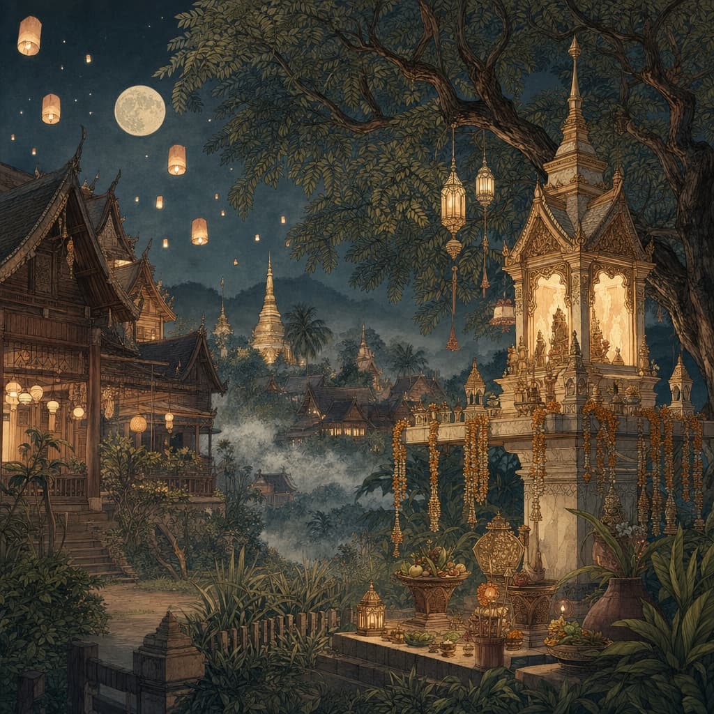 Lanna-style night illustration of a moonlit Thai village with a glowing spirit house, drifting paper lanterns and soft mist among tamarind trees