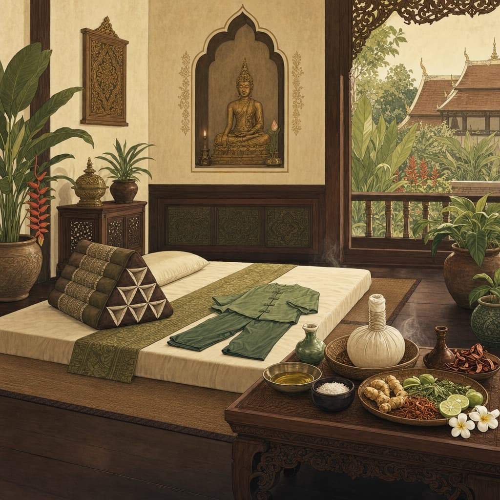 Lanna-style illustration of a serene Thai massage room with a floor mattress, triangle cushions, a herbal compress and bowls of herbs and oils