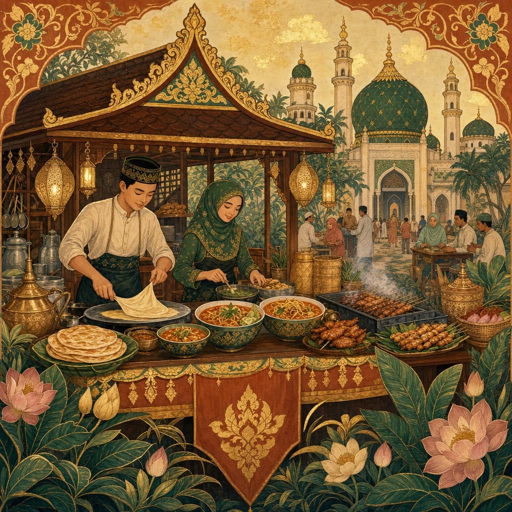 Lanna-style illustration of a Thai-Muslim halal food stall — roti, khao soi, grilled meats, near a mosque