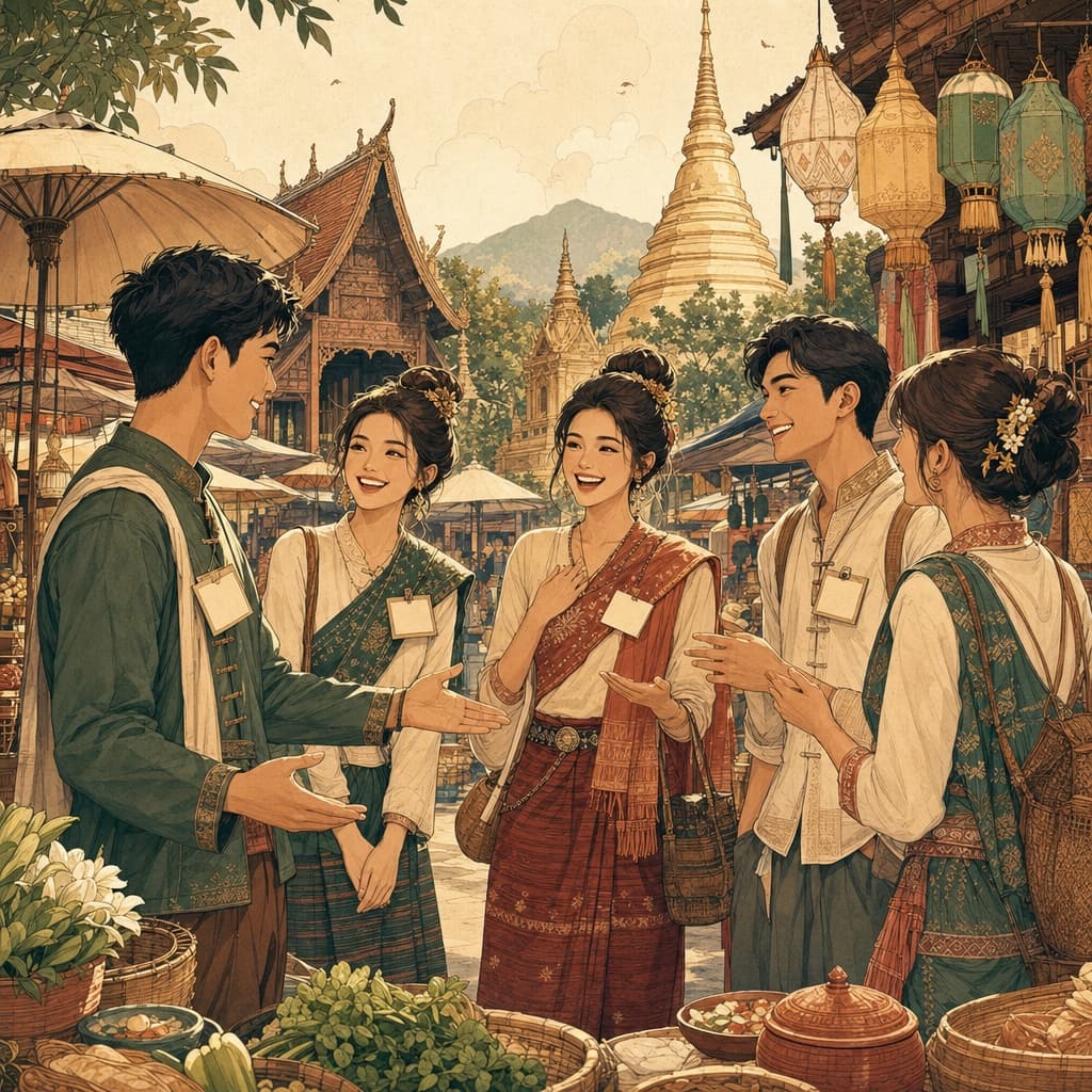 Charming Lanna-style illustration of smiling friends exchanging warm introductions at a Chiang Mai market, with little paper name tags reading playful nicknames
