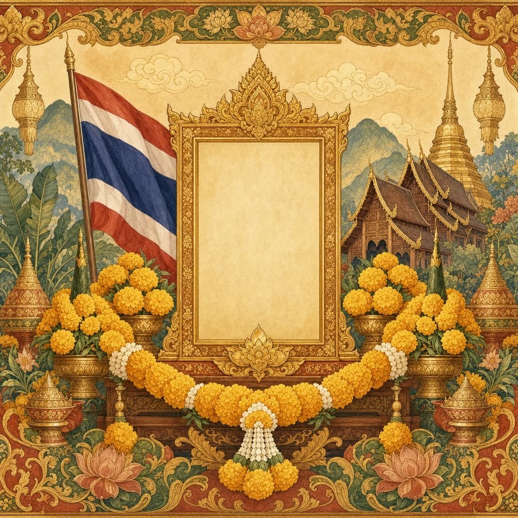 Lanna-style illustration of a Thai flag, garlands of yellow marigolds and an empty gilded portrait frame, dignified and warm