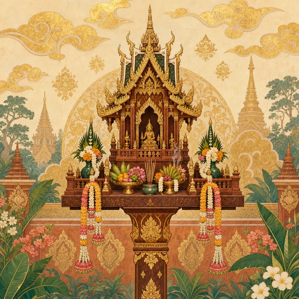 Lanna-style illustration of an ornate Thai spirit house on a pillar with garlands, incense and offerings