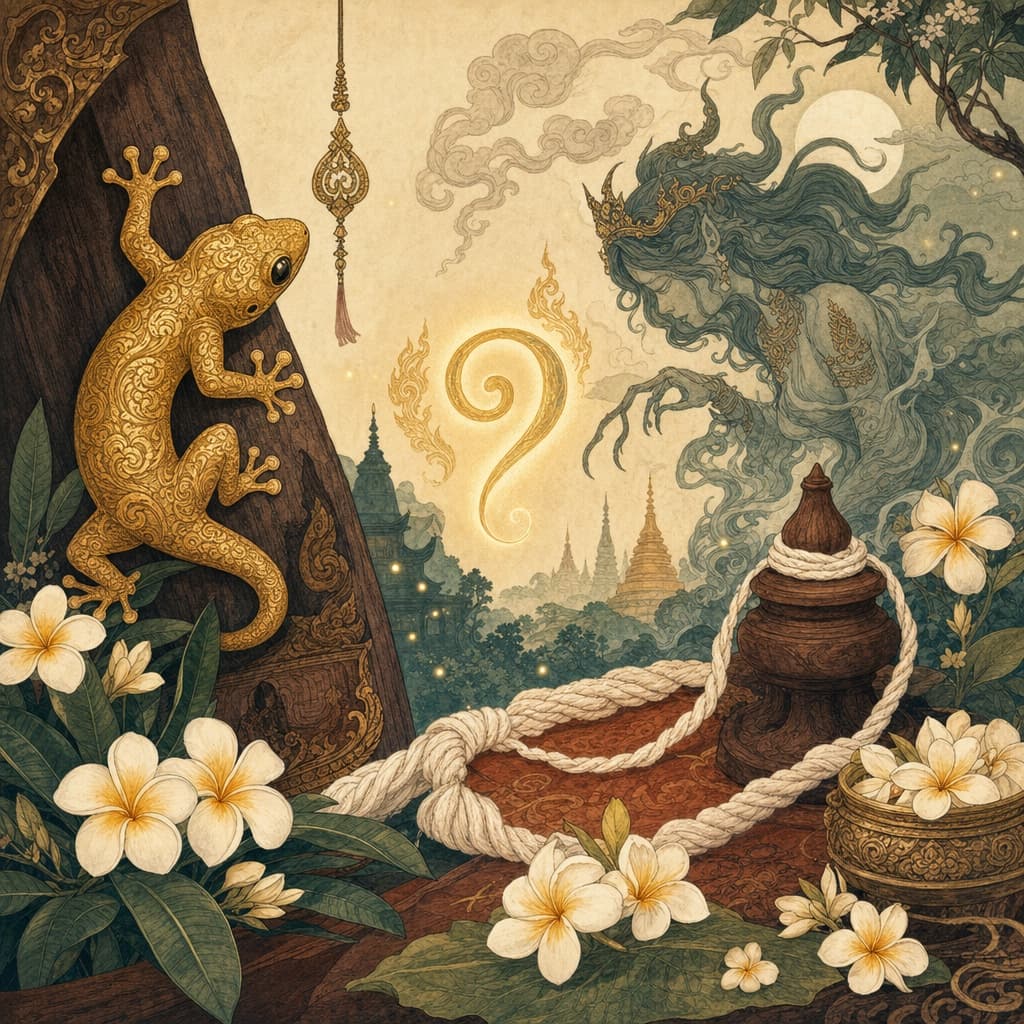 A hand-painted Lanna-style illustration of a golden gecko, a sai sin string, a glowing number 9 and a wandering night spirit among frangipani blooms