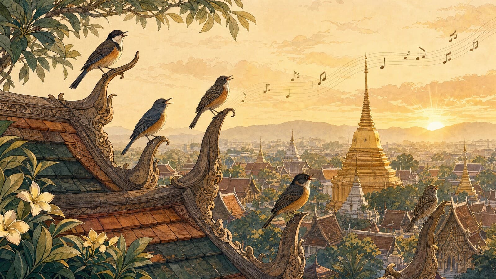 A warm Lanna-style illustration of five songbirds perched at different heights on a temple rooftop at sunrise, musical notes drifting over the old city of Chiang Mai