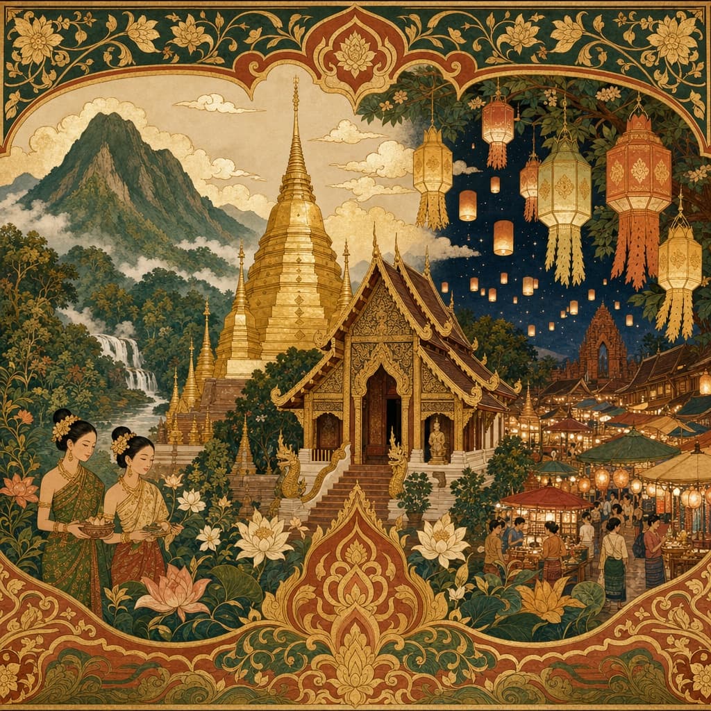 Lanna-style illustration of a 3-day Chiang Mai highlight reel — a golden temple, a misty mountain and a lantern-lit night market