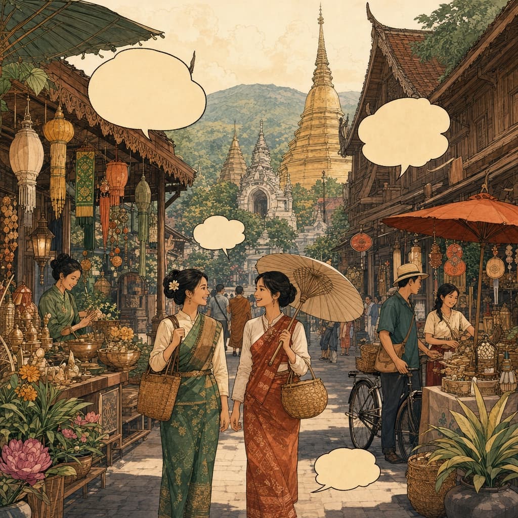 A charming hand-painted Lanna-style illustration of a Chiang Mai street scene, with cheerful market signs and speech bubbles full of playful Thai-English phrases.