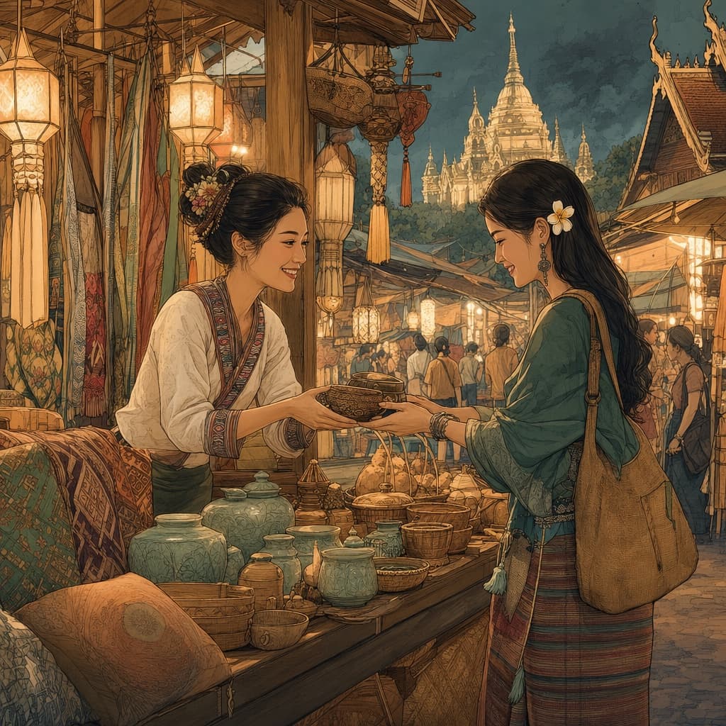 A warm Lanna-style illustration of a friendly market exchange between a vendor and a shopper at a Chiang Mai night market.
