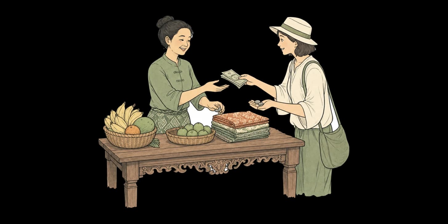 치앙마이 야시장에서 상인과 손님이 다정하게 흥정하는 장면을 그린 Lanna 스타일 일러스트