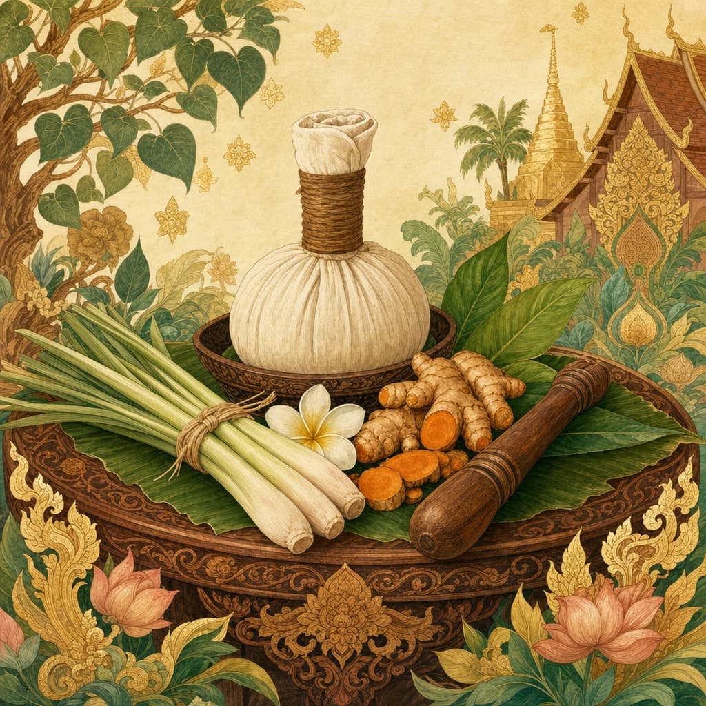 Lanna-style illustration of a traditional healer's table with a steamed herbal compress, lemongrass and turmeric, and a wooden Tok Sen mallet