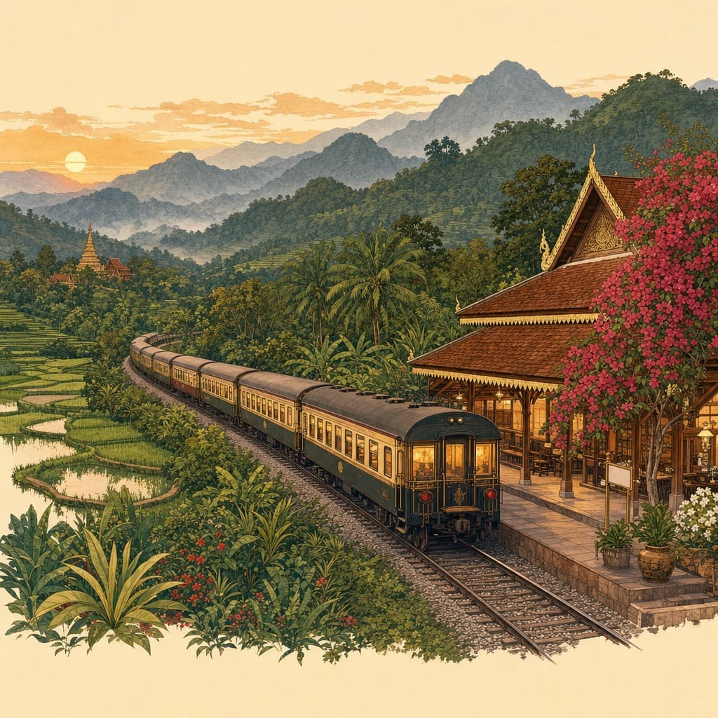 Lanna-style illustration of a vintage train arriving at Chiang Mai railway station at dusk, rice paddies, misty mountains and bougainvillea