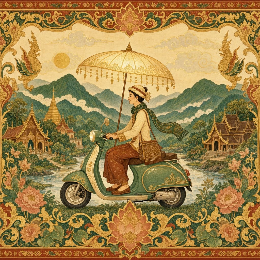 Lanna-style illustration of a traveller on a scooter sheltered under a softly glowing umbrella, green northern mountains behind