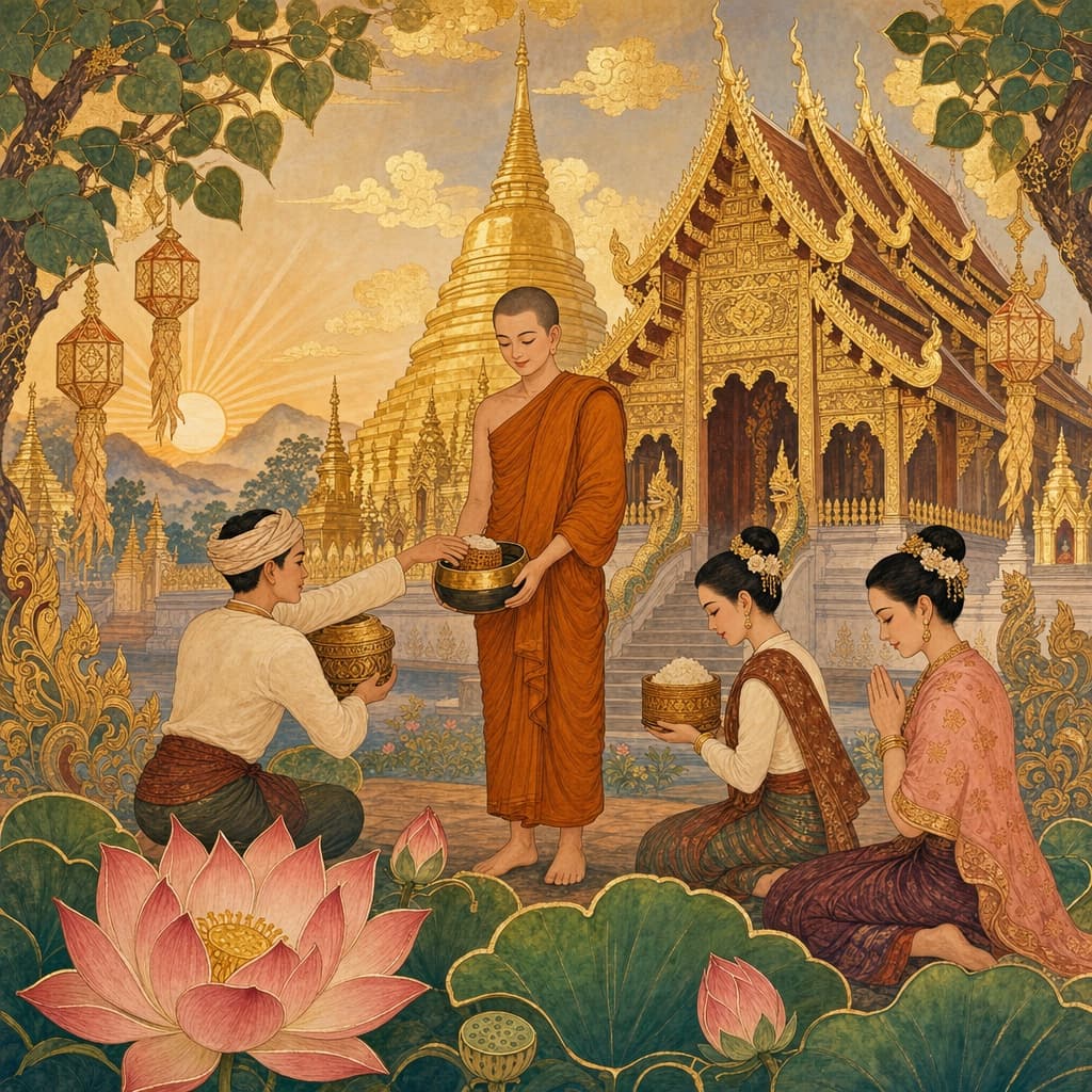 Lanna-style illustration of a Thai monk receiving alms at dawn before a golden temple, with a lotus in the foreground
