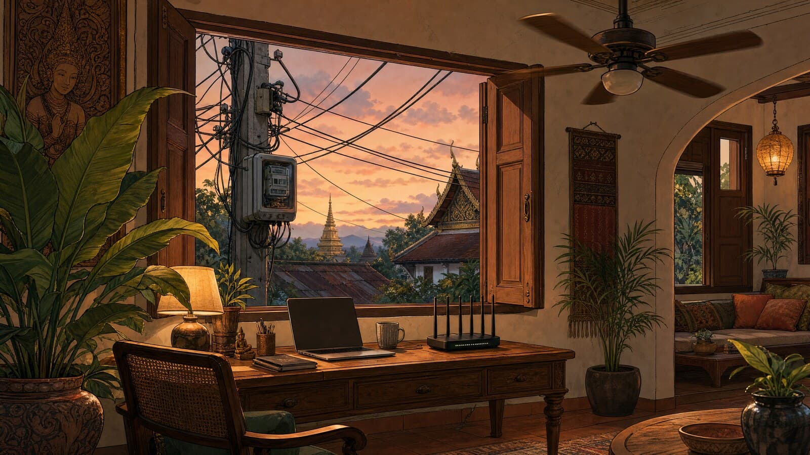 A warm Lanna-style illustration of a cosy Chiang Mai apartment at dusk, a ceiling fan turning above a desk with a glowing wifi router, an electricity meter and tangled power lines framed in the open window