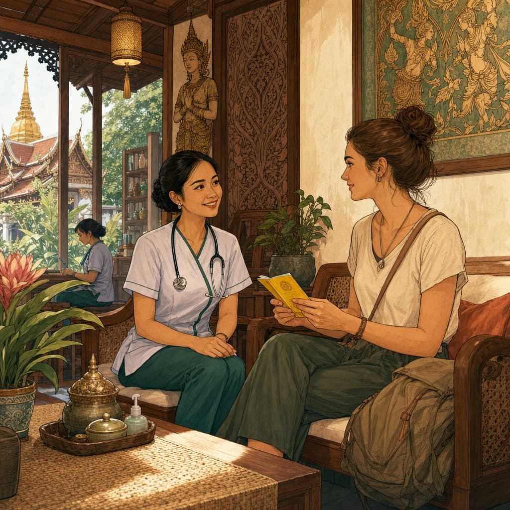 A warm Lanna-style illustration of a calm, sunlit travel-clinic waiting room in Chiang Mai, with a friendly nurse and a traveller holding a yellow vaccination booklet.