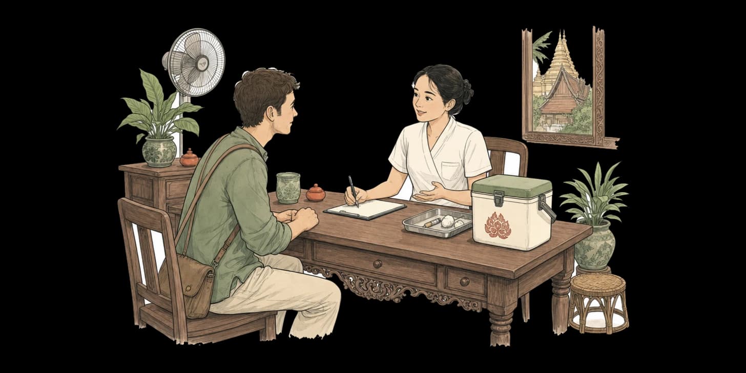 Eine Lanna-Illustration einer Reiseklinik- und Impfszene in Chiang Mai