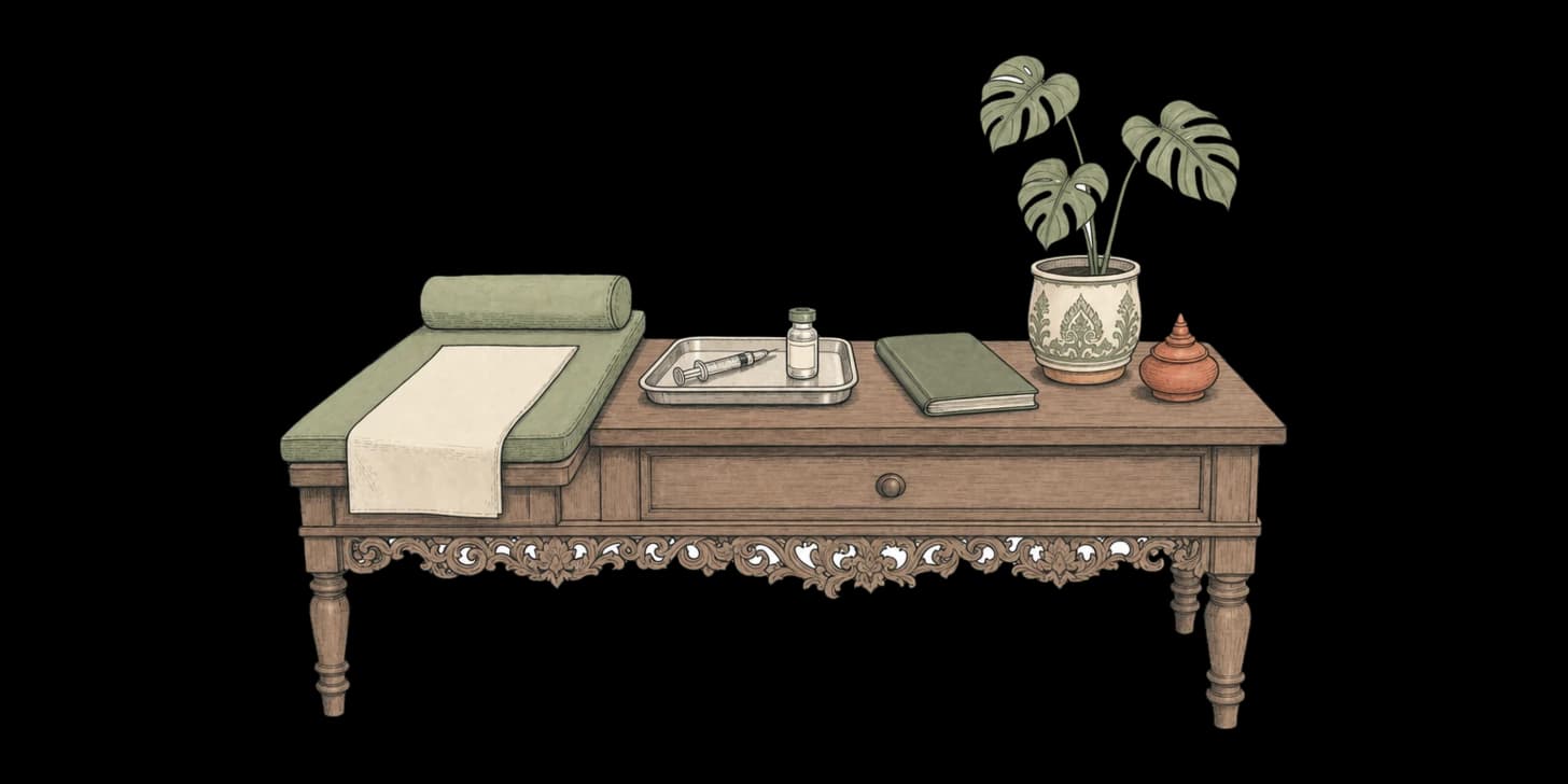Eine Lanna-Illustration einer ruhigen Reiseklinik in Chiang Mai mit einer Krankenschwester und einem Impfausweis