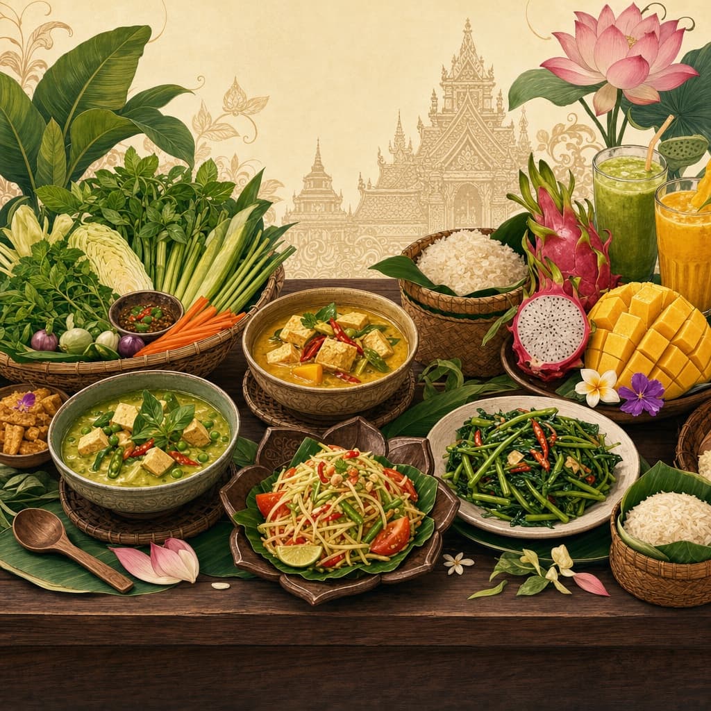 Lanna-style illustration of a colourful Northern Thai vegan spread — tofu curries, fresh vegetables, herbs, fruit and sticky rice on a teak table