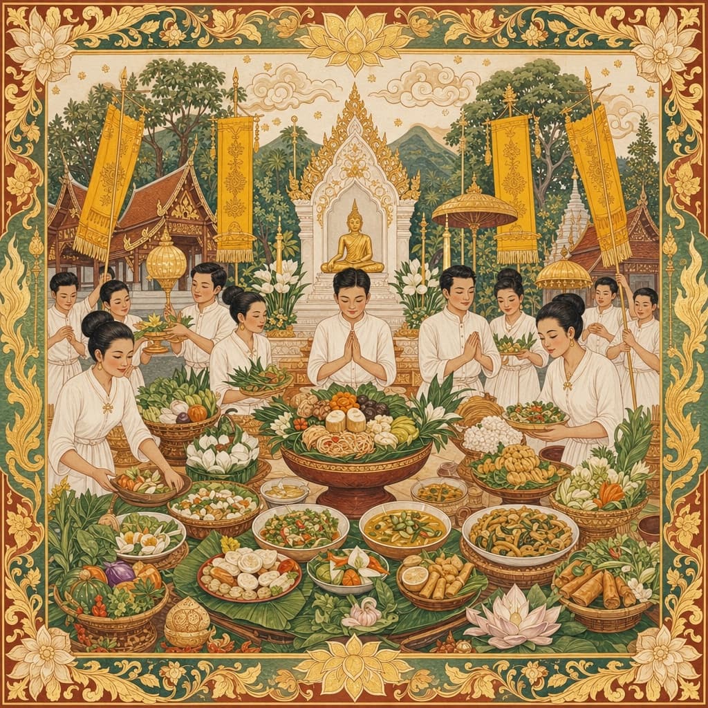 Lanna-style illustration of the Vegetarian Festival — yellow flags, white-clad devotees, a spread of vegan Thai dishes