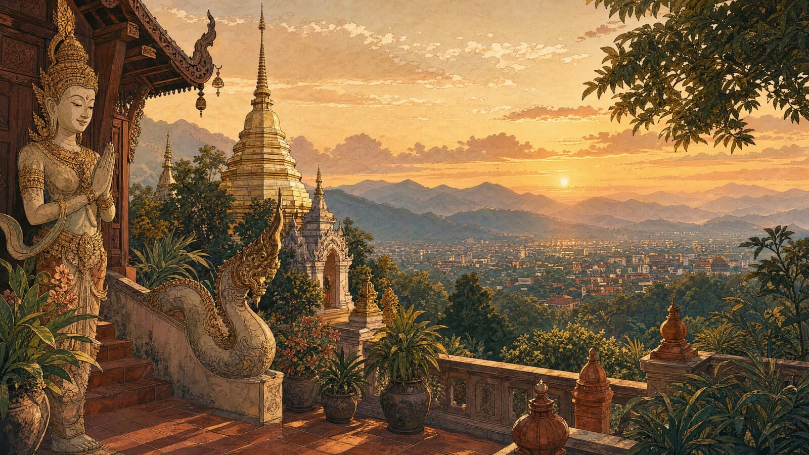 A warm Lanna-style illustration of a hillside viewpoint at golden hour, with a temple terrace in the foreground and Chiang Mai's valley glowing softly beneath layered blue mountains