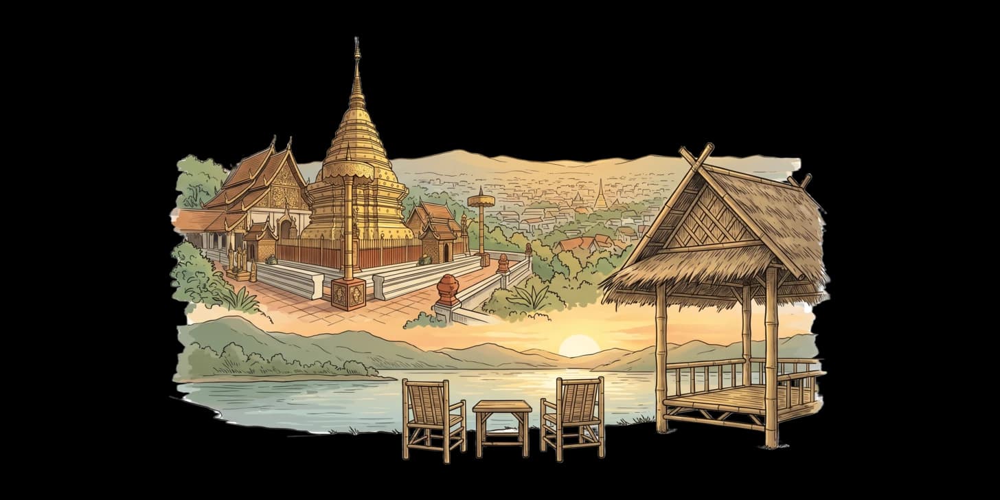 Doi Sutheps Tempelterrasse in der Abenddämmerung, während die Stadtlichter im Tal darunter zu funkeln beginnen