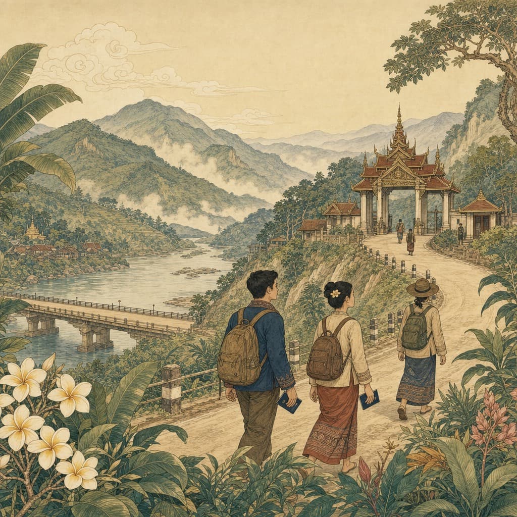 Lanna-style illustration of a winding northern Thai mountain road toward a distant border, a river bridge, travellers with passports and misty hills