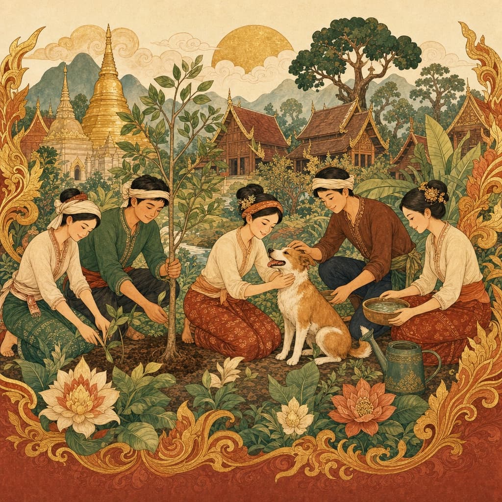 Lanna-style illustration of volunteers planting trees and caring for a rescued dog together, warm and hopeful
