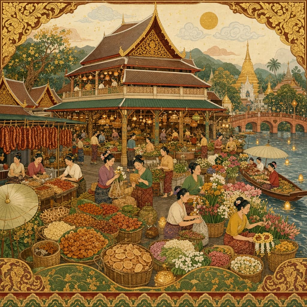 Lanna-style illustration of the bustling Warorot Market — a multi-storey building with food stalls, hanging sai ua sausages, baskets of dried fruit and a riverside flower market beside the Ping