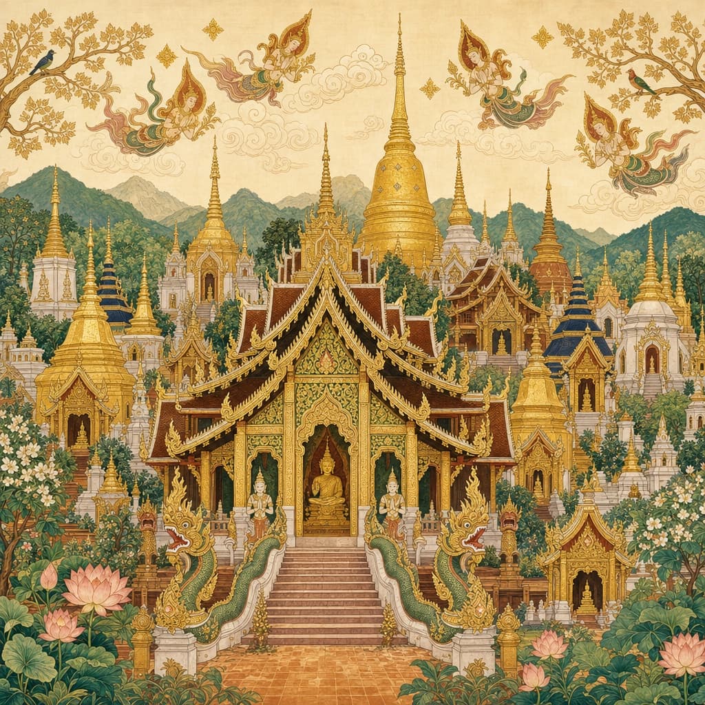 Lanna-style illustration of the sprawling golden Wat Ban Den temple complex — many ornate viharns, naga staircases, zodiac pagodas