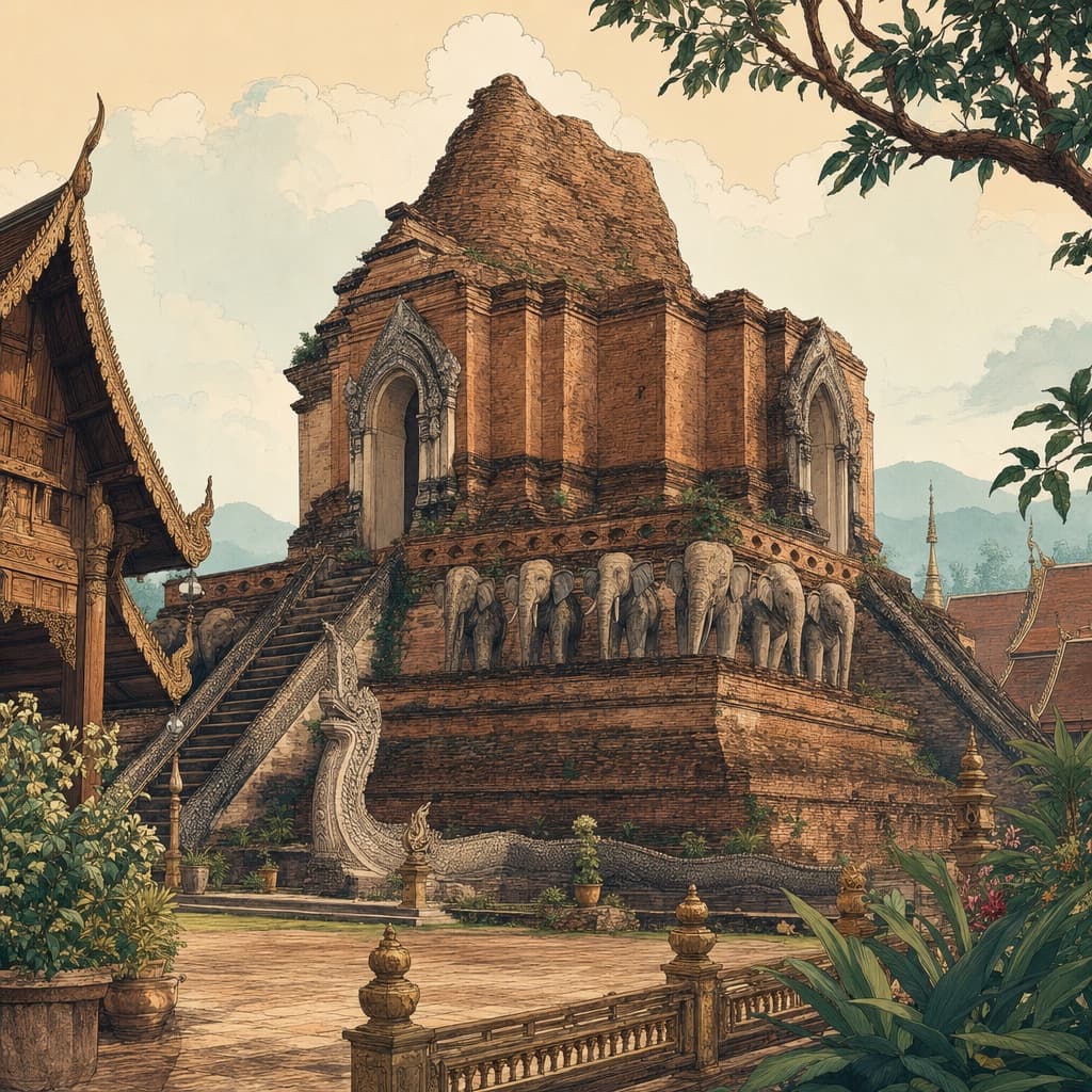 A warm Lanna-style illustration of the great ruined brick chedi of Wat Chedi Luang, its weathered terraces lined with stone elephants and Naga-flanked stairways under a soft northern sky.