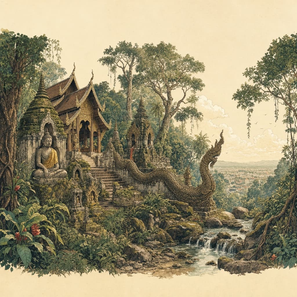 Lanna-style illustration of Wat Pha Lat, a moss-covered jungle temple with shrines, a naga staircase and a stream, in the forest above Chiang Mai