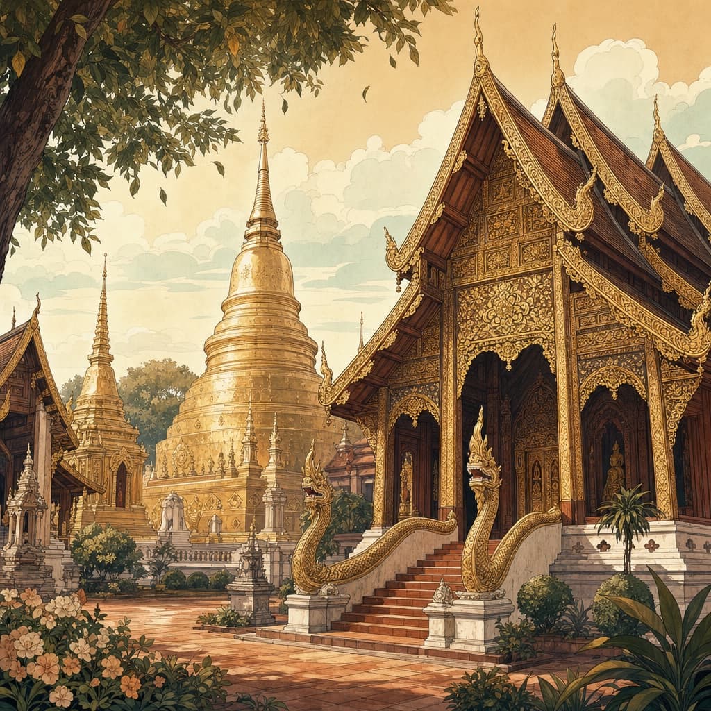 A warm Lanna-style illustration of Wat Phra Singh's golden bell-shaped chedi rising beside the ornate gilded gable of the Wihan Lai Kham, tiered roofs and Naga balustrades glowing under a soft northern sky.