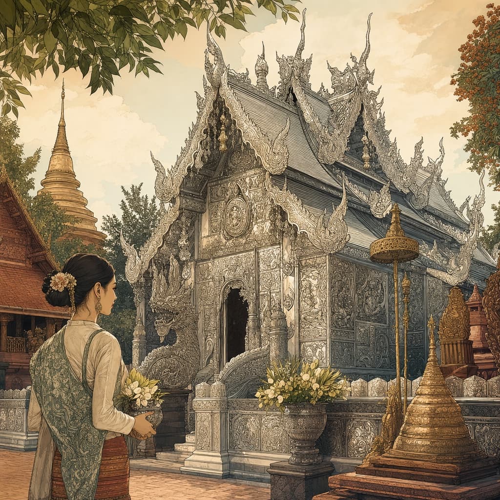 A warm Lanna-style illustration of the gleaming silver ordination hall at Wat Sri Suphan, its walls and panels covered in intricate hand-tooled repoussé designs.