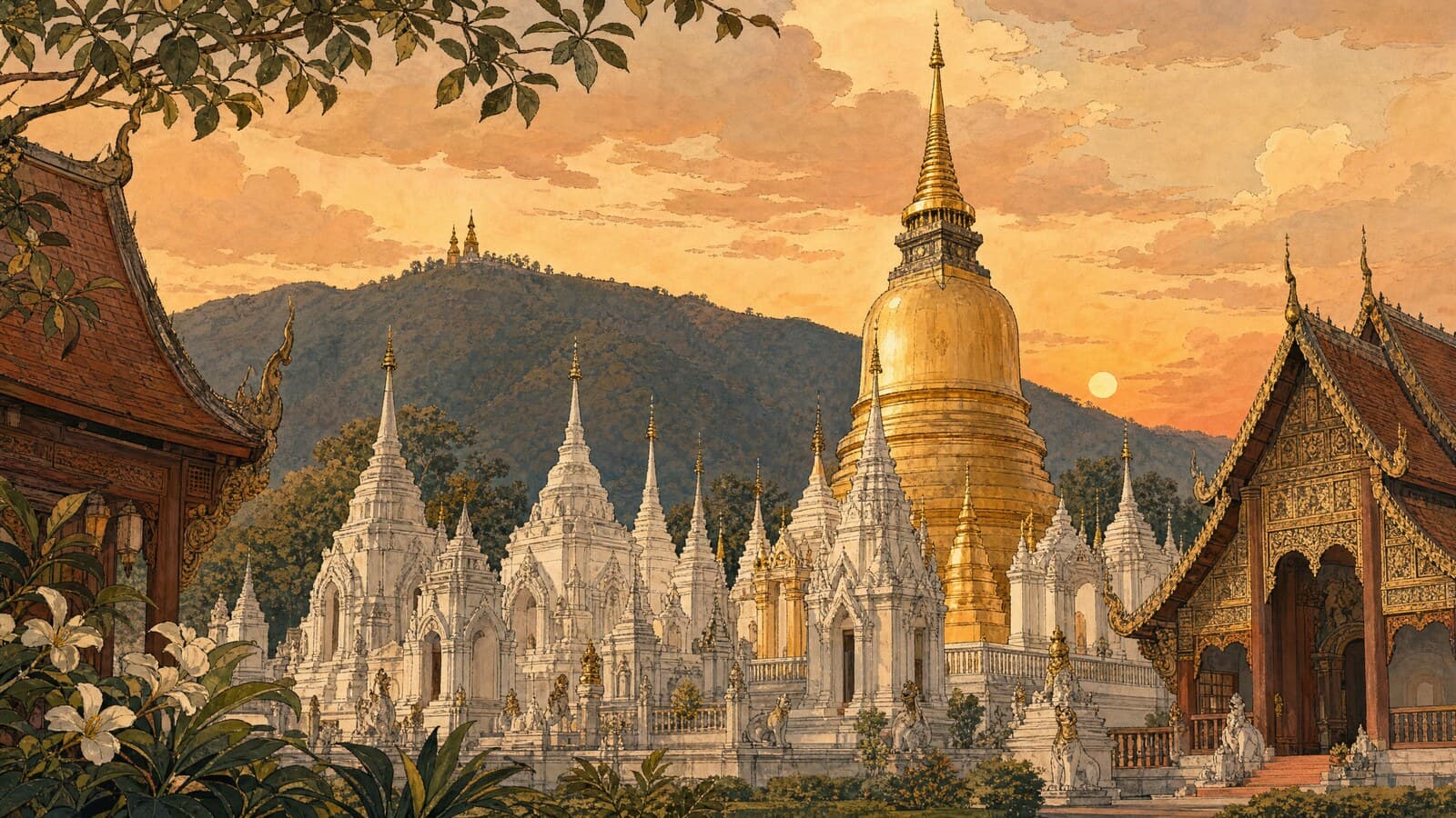 A warm Lanna-style illustration of Wat Suan Dok's golden bell-shaped chedi rising over a field of whitewashed royal cenotaphs at sunset, with the dark ridge of Doi Suthep behind