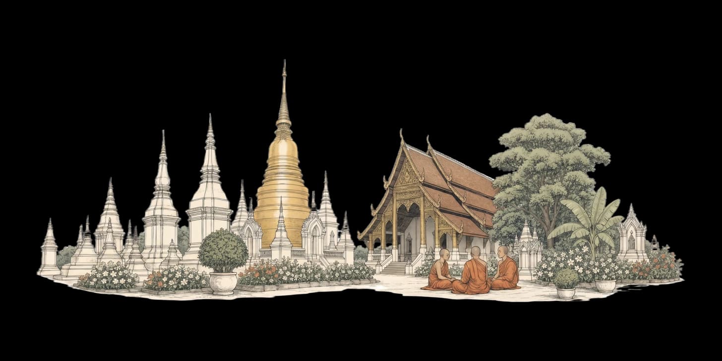 I cenotafi reali bianchi di Wat Suan Dok che diventano dorati nella luce radente del tramonto