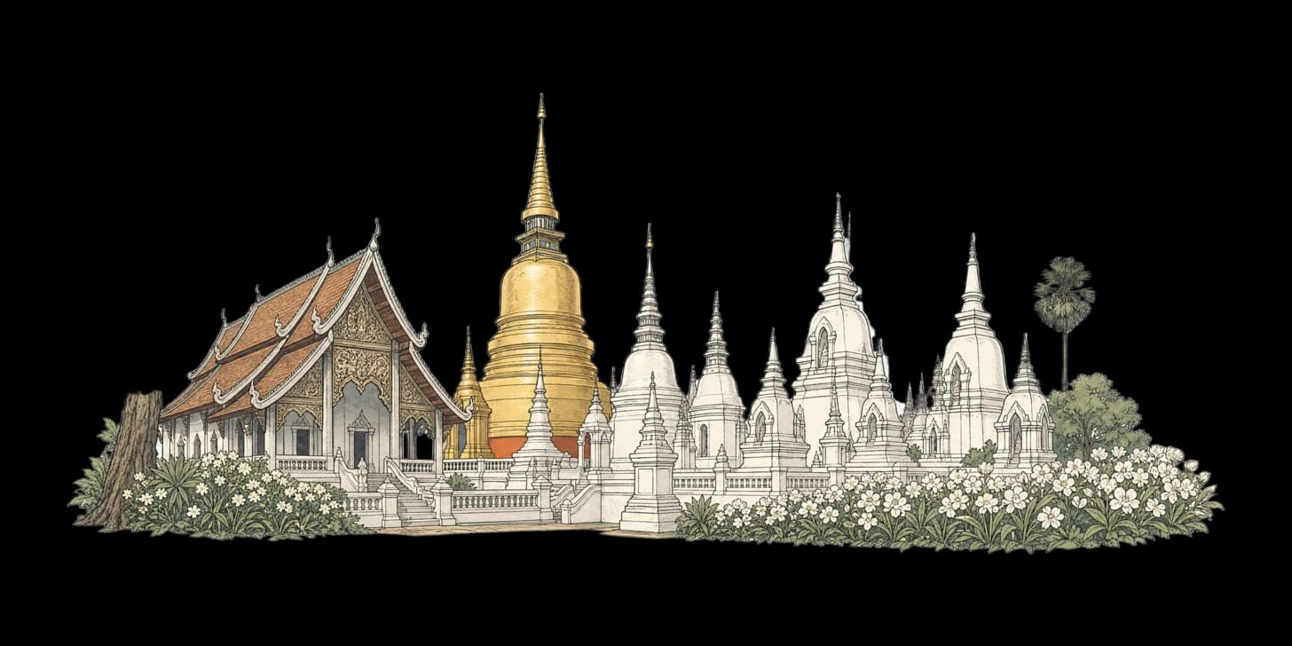 Il chedi dorato a forma di campana di Wat Suan Dok che splende contro un cielo serale caldo