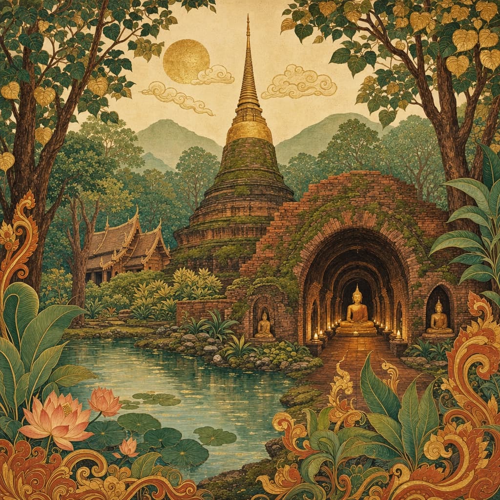 Lanna-style illustration of the forest tunnel temple Wat Umong — ancient brick tunnels, a moss-covered chedi, forest and a quiet lake