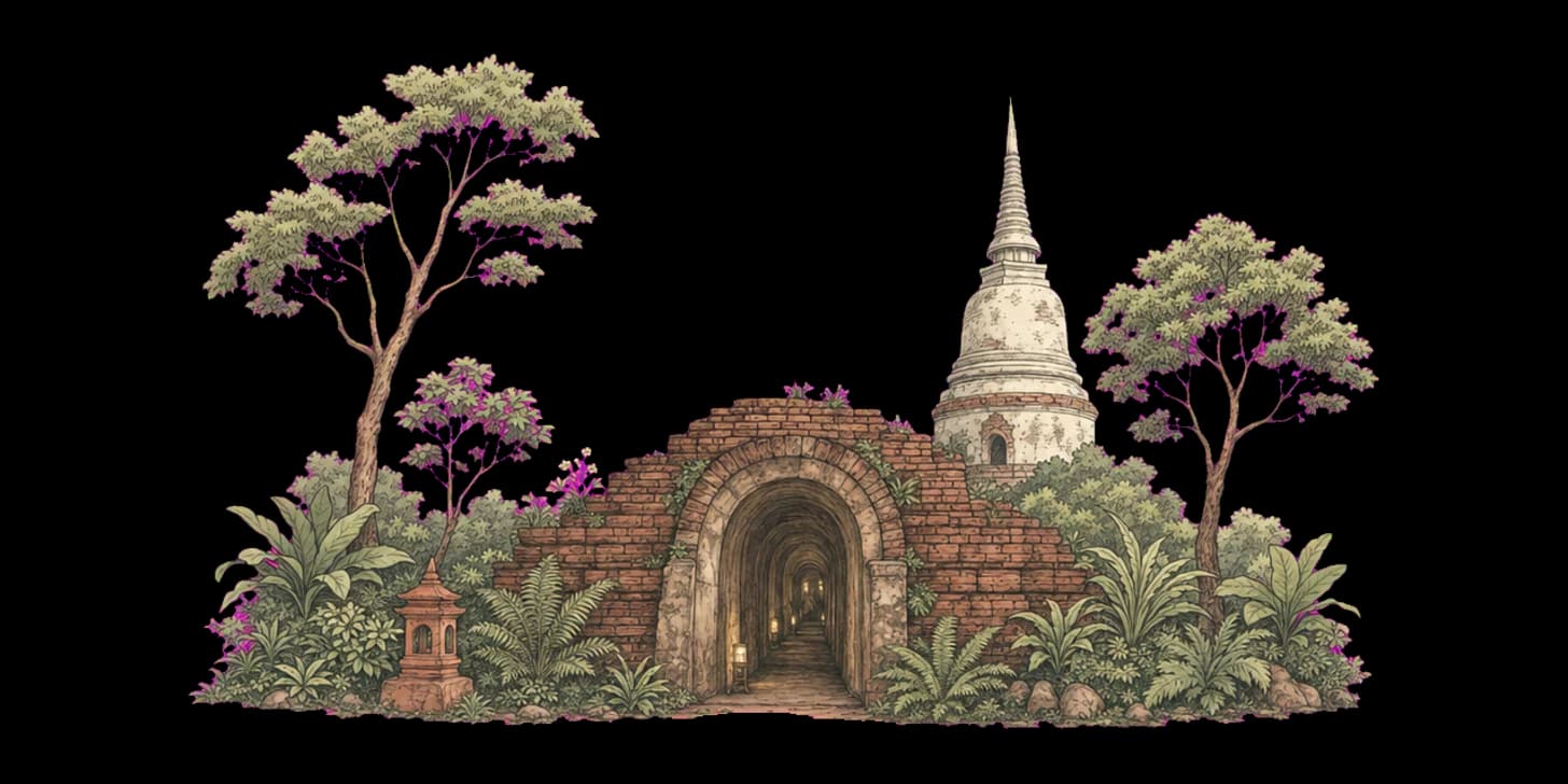 Illustration of the arched brick meditation tunnel at Wat Umong, framed by ferns with the weathered Lanna chedi glimpsed through the forest behind
