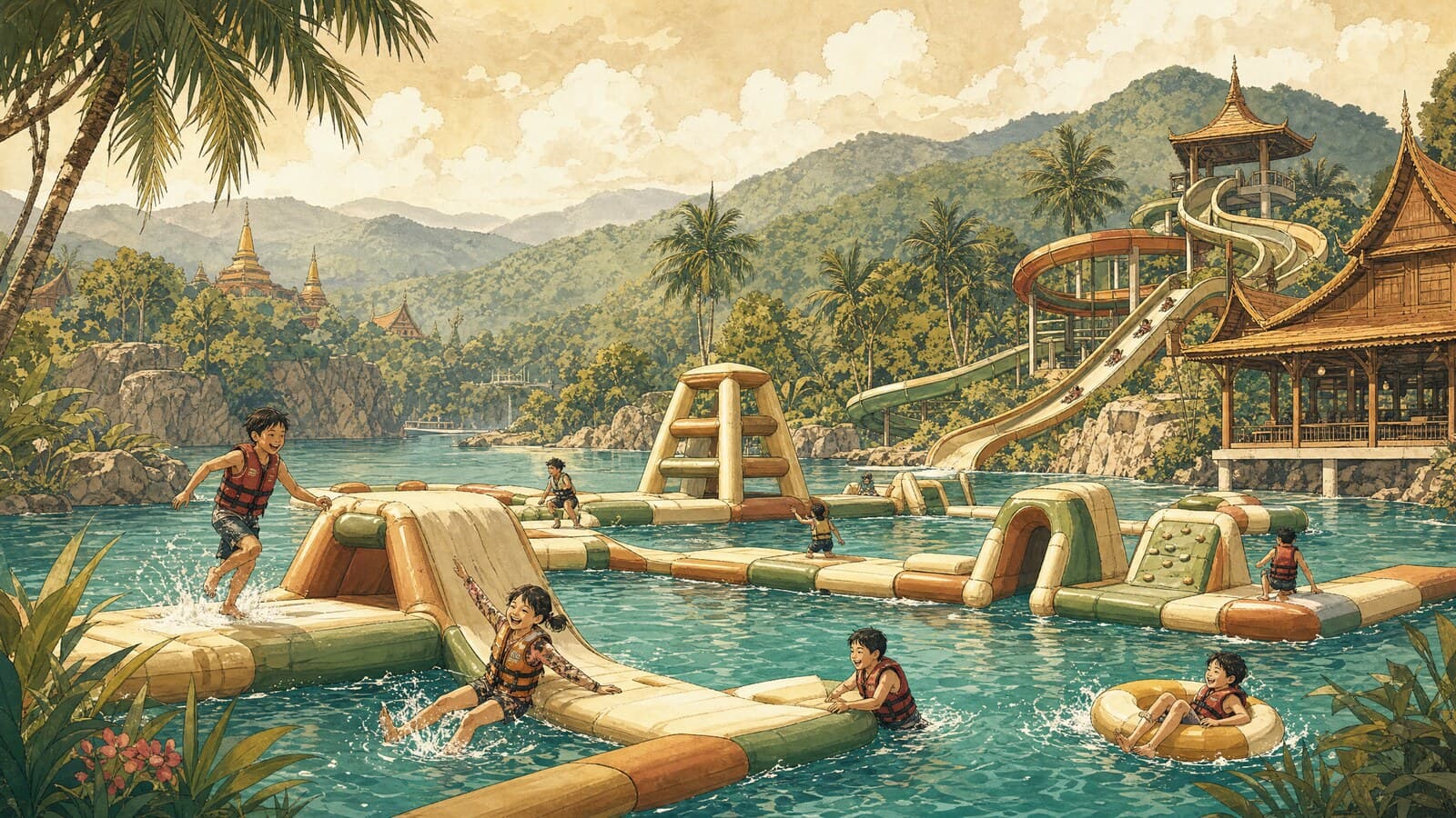 A warm Lanna-style illustration of a sunny water park near Chiang Mai — an inflatable floating obstacle course on a turquoise quarry lake, curving water slides and palm trees against green misty hills, with children splashing and floating.