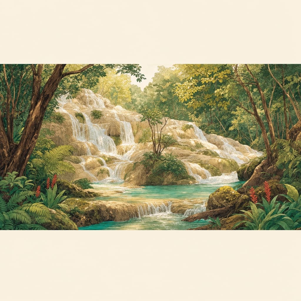 Lanna-style illustration of Bua Tong sticky waterfall near Chiang Mai, clear water over pale limestone terraces in deep green jungle