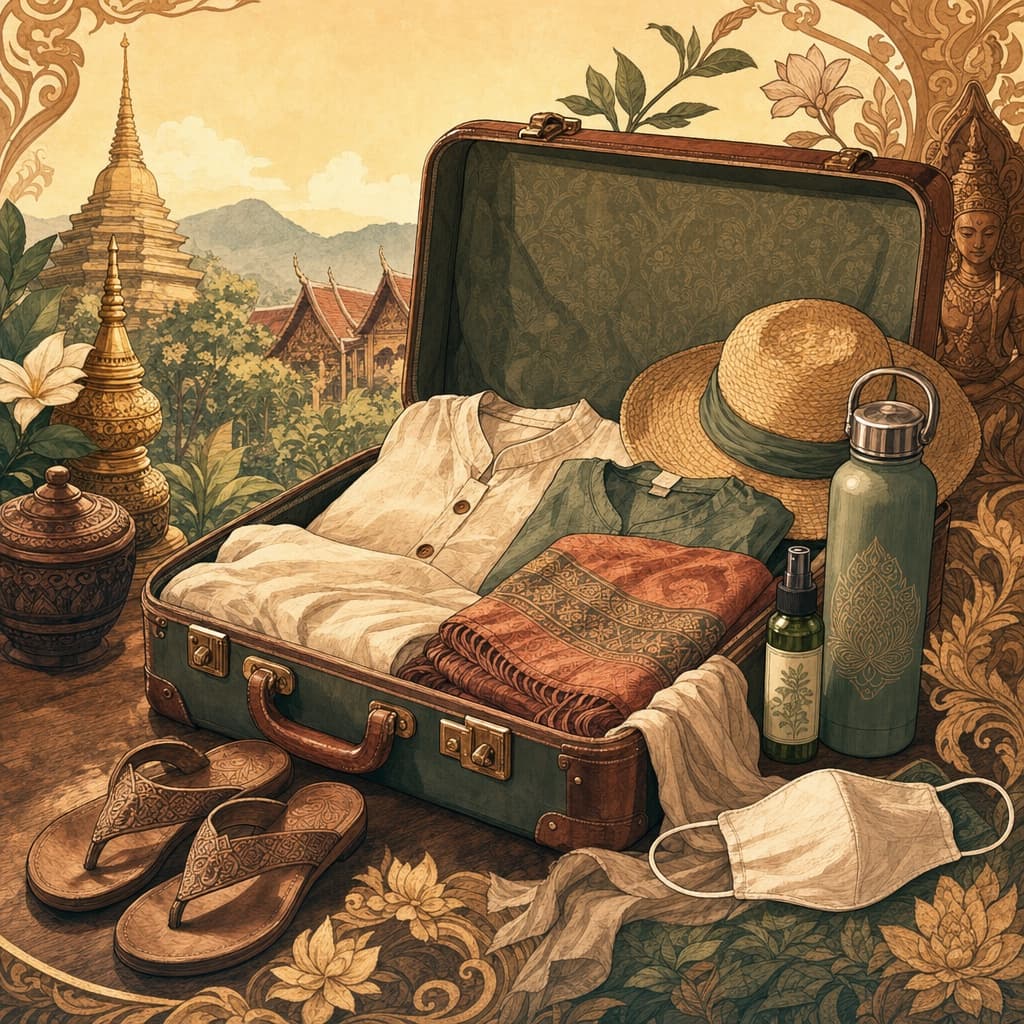 A warm Lanna-style illustration of an open suitcase laid out with light clothes, a folded sarong, sandals, a sun hat, a bottle of insect repellent, a face mask and a reusable water bottle, framed by soft Lanna patterns.