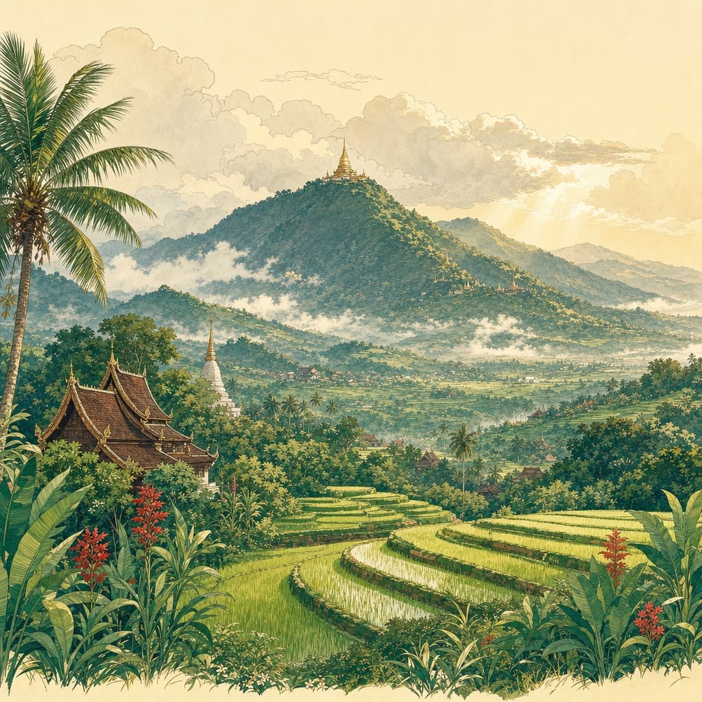 Lanna-style illustration of the lush green Chiang Mai valley with rice paddies, mountains and Doi Suthep temple under a soft monsoon sky