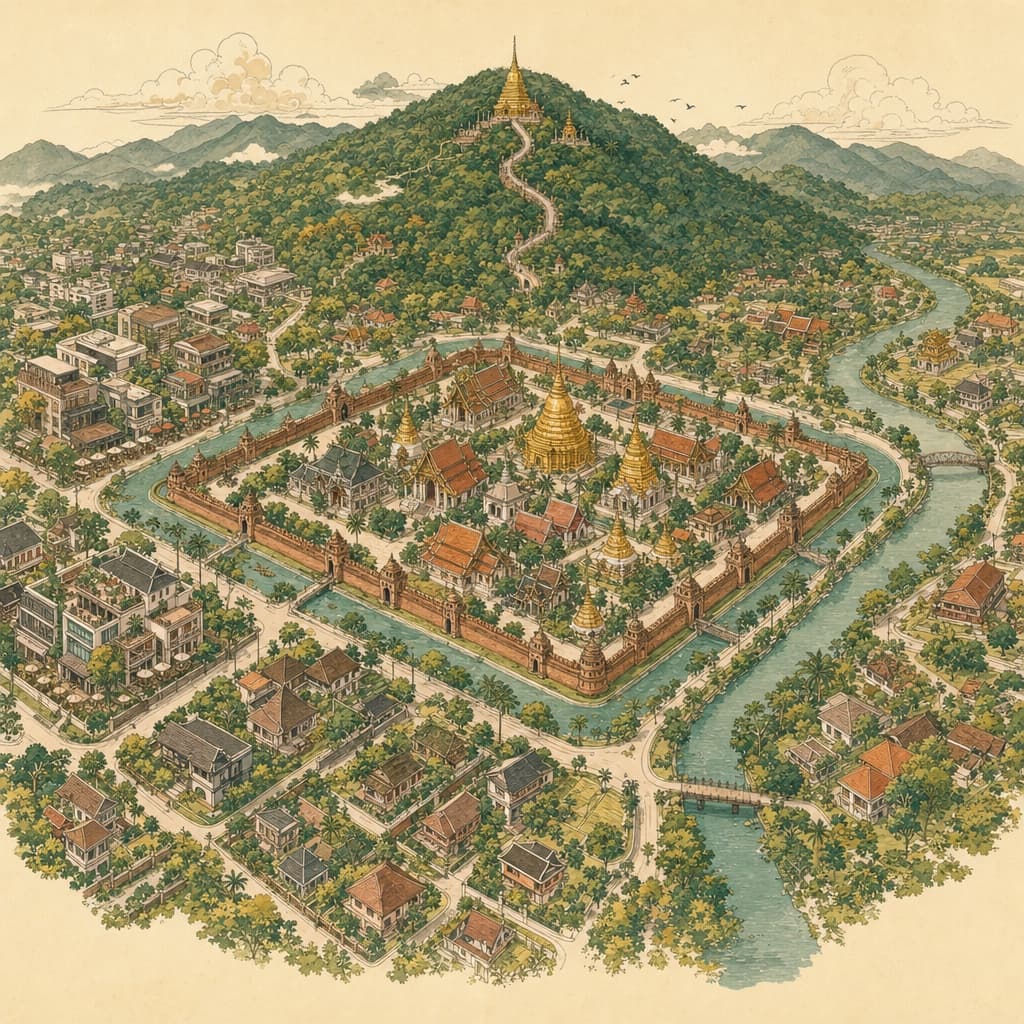 Lanna-style illustrated map of Chiang Mai showing the moated old city, the Nimman district, the Ping River and Doi Suthep mountain